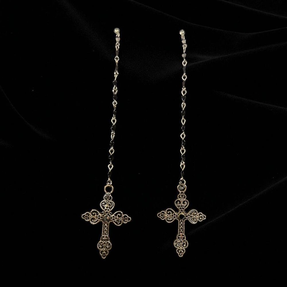 Gota Long Dangle Cross Earrings W/ Black Beaded Chain & Intricate Silver Design - Picture 7 of 7